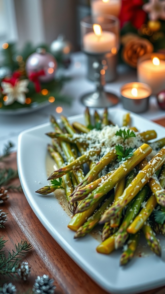 Roasted garlic parmesan asparagus on a white platter, garnished with parsley, set against a festive Christmas backdrop.